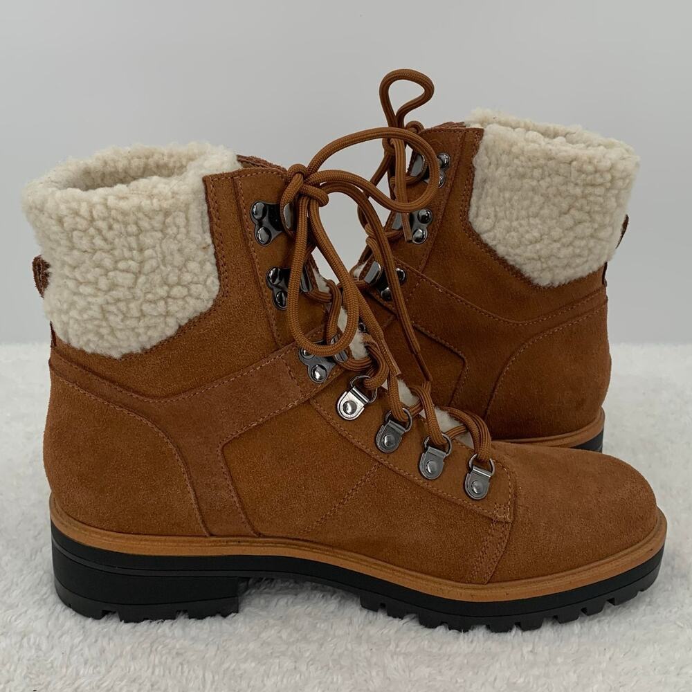 Marc Fisher Womens 10M Isabel Boots Brown Leather Suede Lace Up Faux Fur Winter